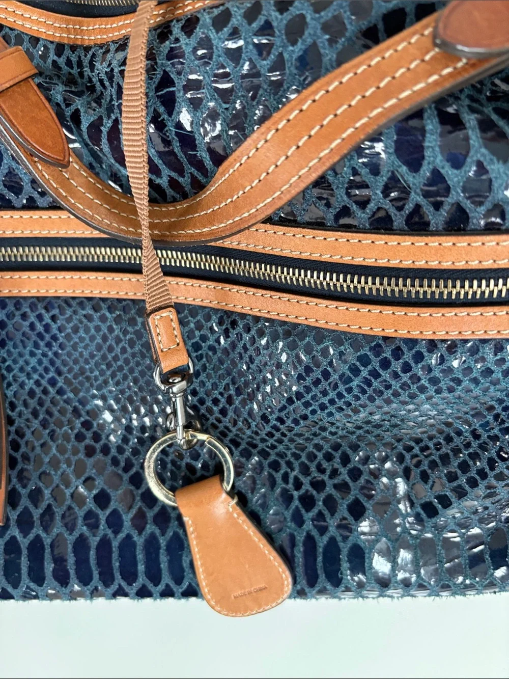 Dooney & Bourke Navy Croc-Embossed Shoulder Bag with Tan Trim